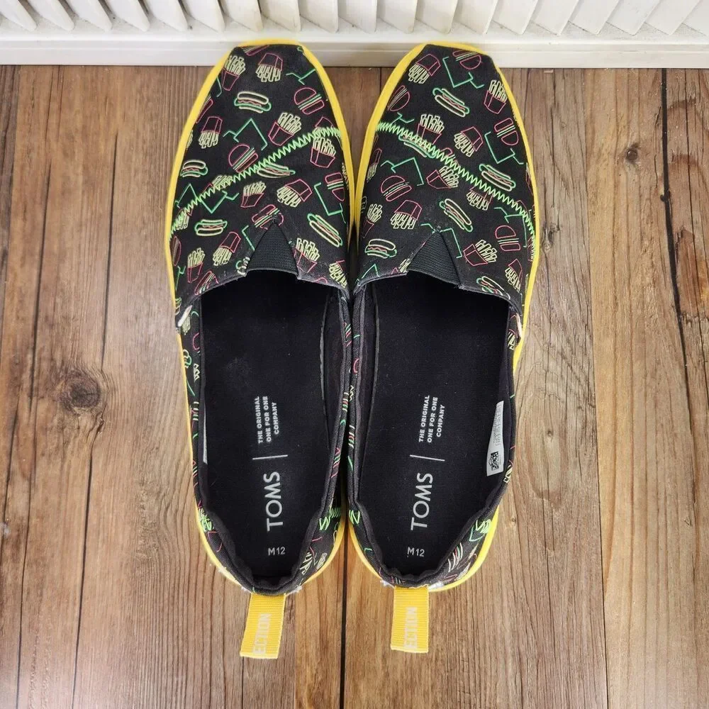 TOMS Venice Late Night Food Print Canvas Mens Size 12 Black Yellow Loafers Shoes